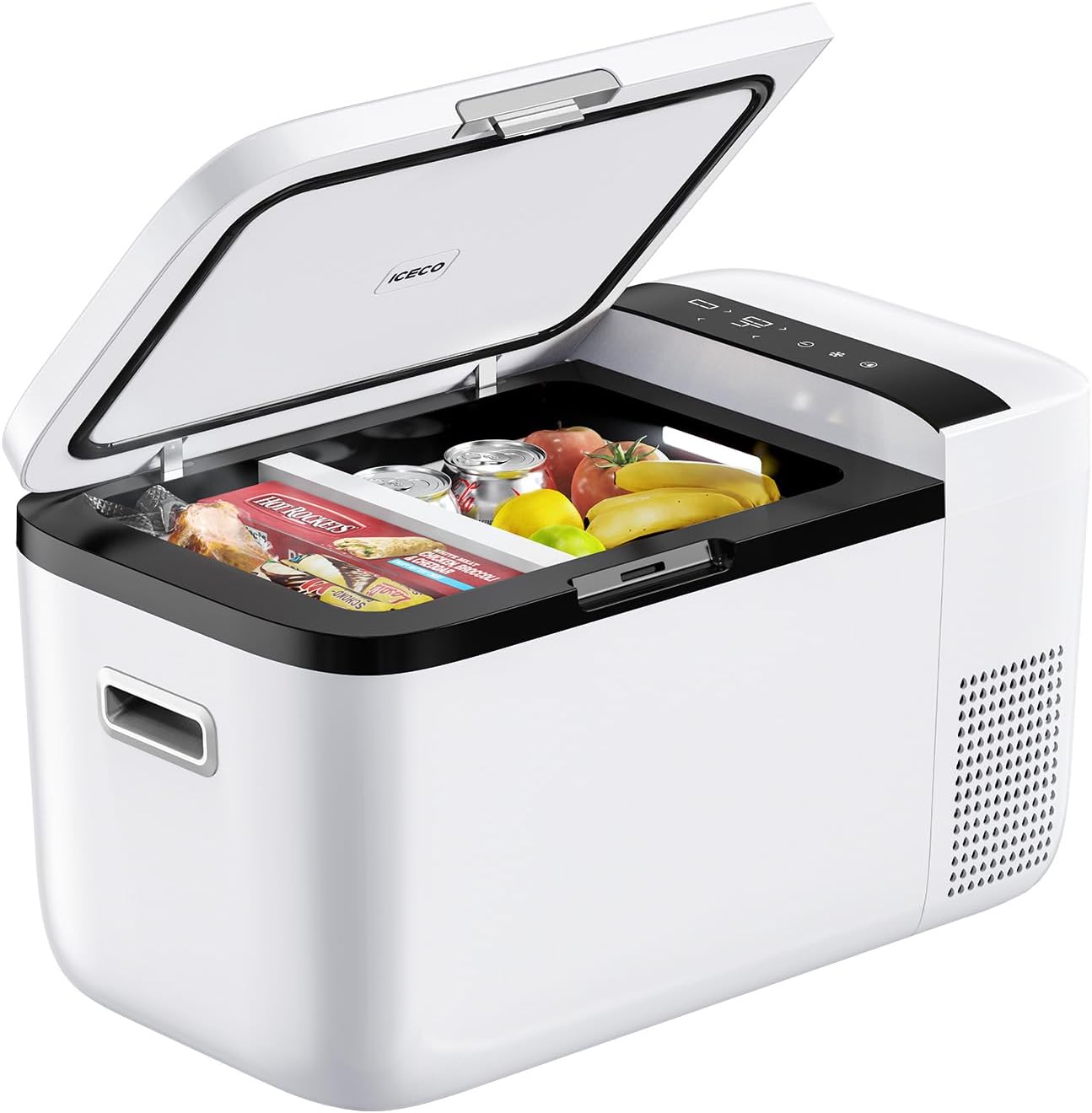 ICECO GO20 white dual zone portable refrigerator with open lid and food storage