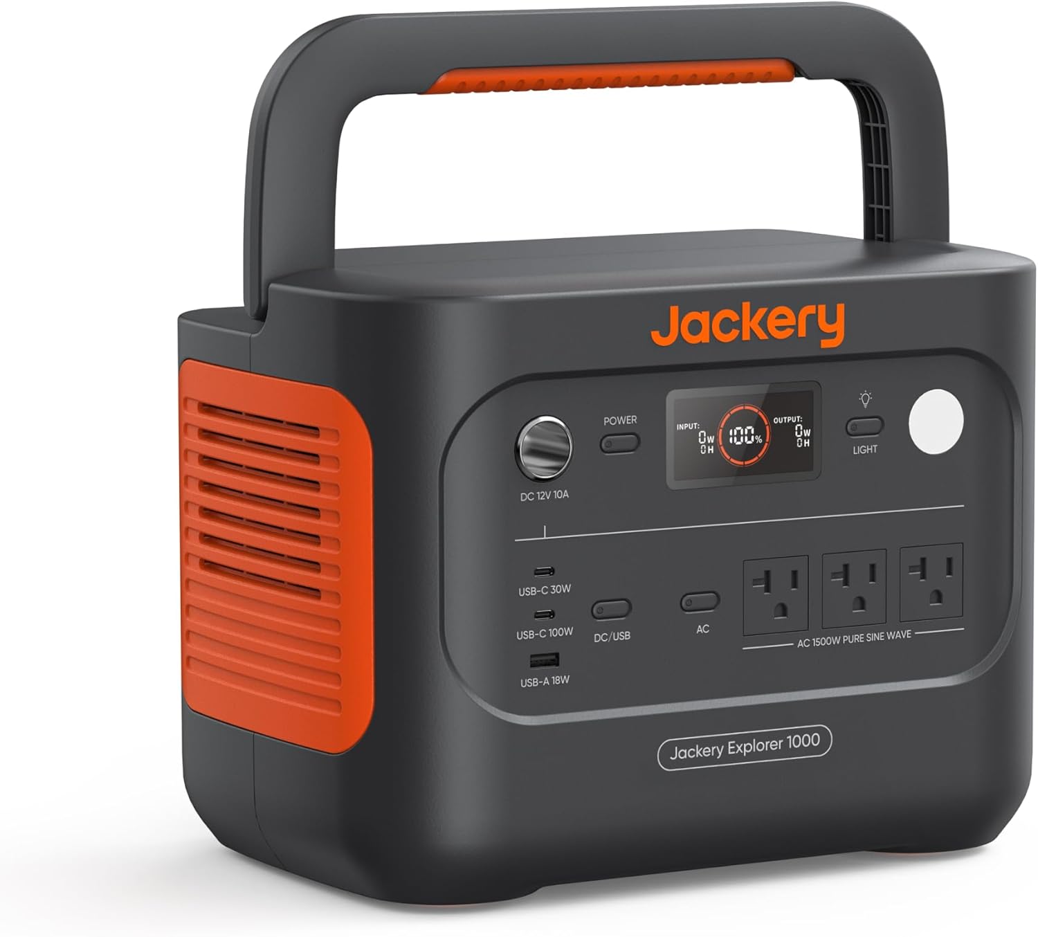 Jackery Explorer 1000 v2 portable power station with orange handle and AC outlets