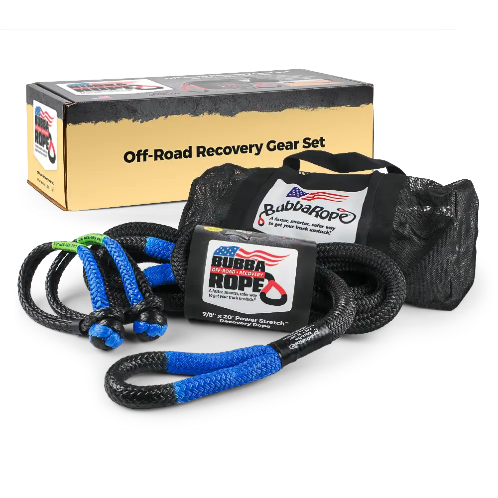 Bubba Rope Off-Road Truck Recovery Gear Set with kinetic rope, soft shackles, and storage bag