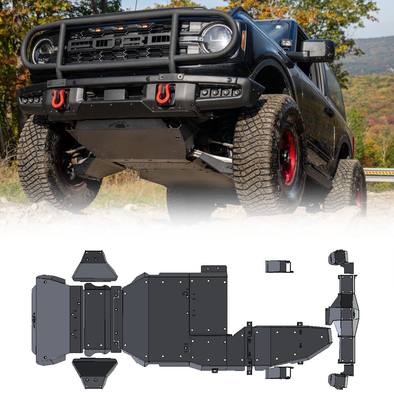 Cali Raised skid plate set on Ford Bronco