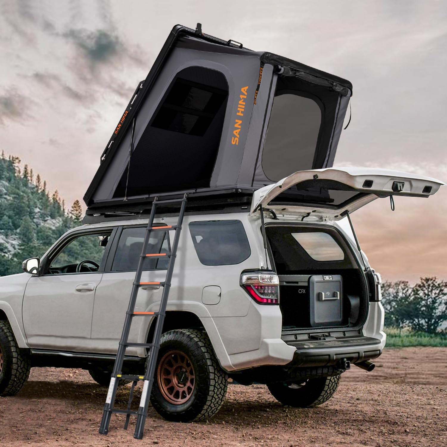 SanHima Hotham gray hard shell rooftop tent open on an SUV with a telescopic ladder