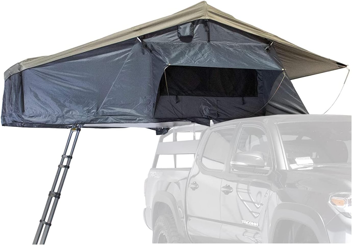 Overland Vehicle Systems HD Nomadic 3 Extended gray soft shell rooftop tent with a ladder above a pickup truck
